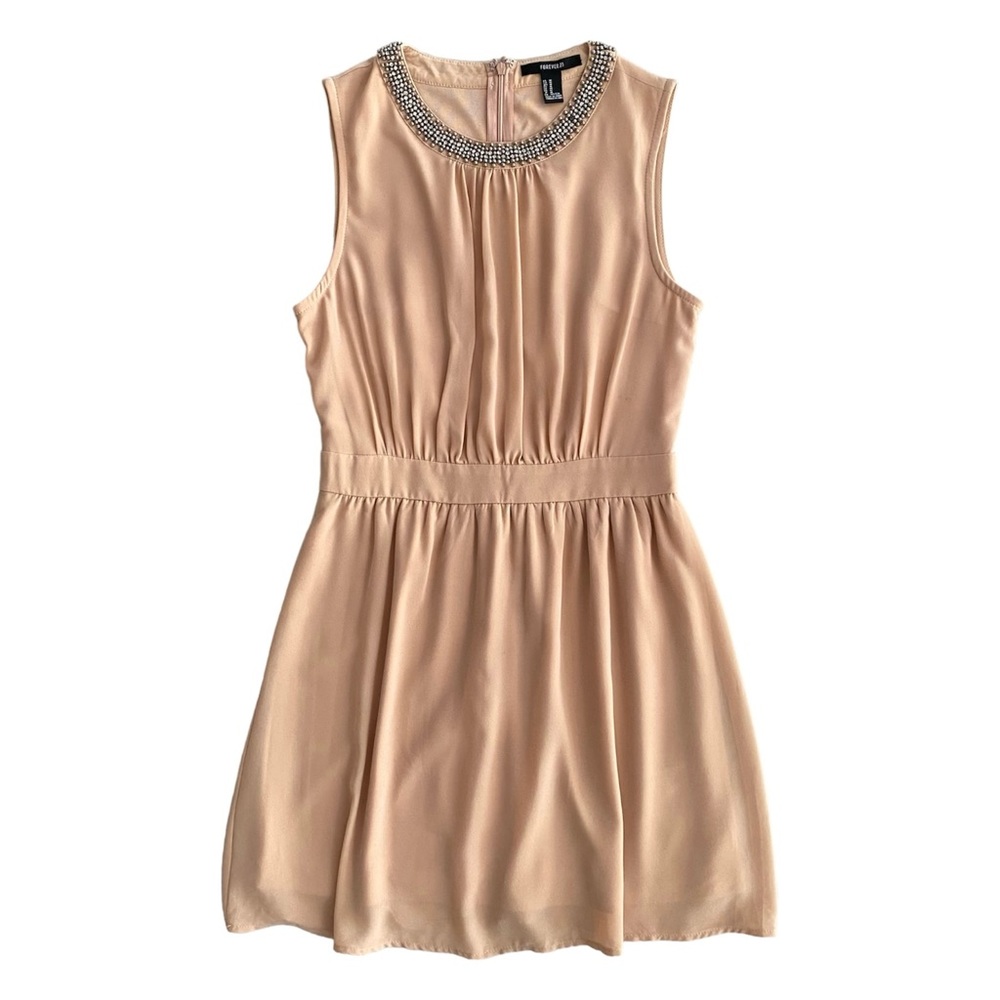 Forever 21 Beaded Neck Sleeveless Chiffon Peachy Pink Nude Dress Women's Size M - Picture 1 of 13